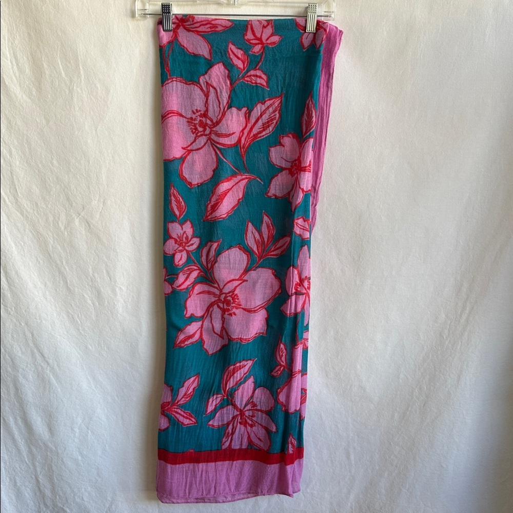 Pink, red, and teal floral print sarong/swimsuit coverup